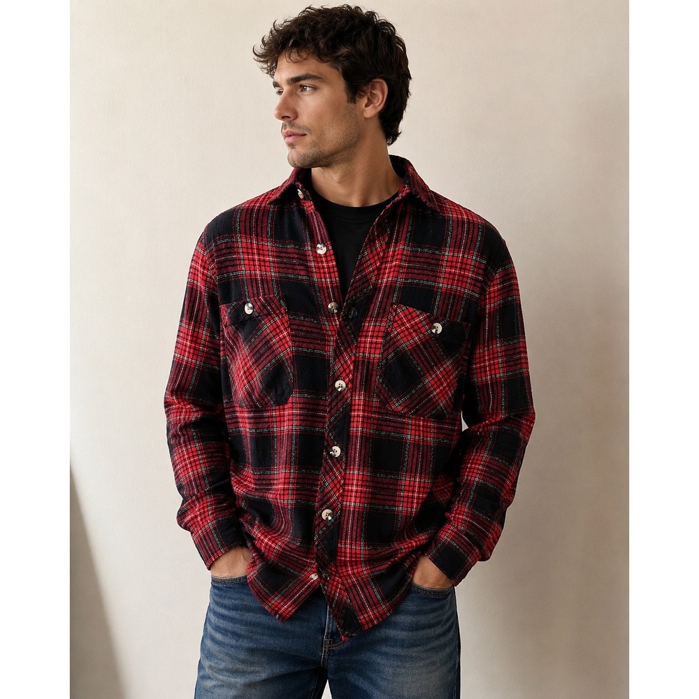 DRL ESSENTIALS Plaid Flannel Shirt Corduroy Trim Men M Red Black Streetwear